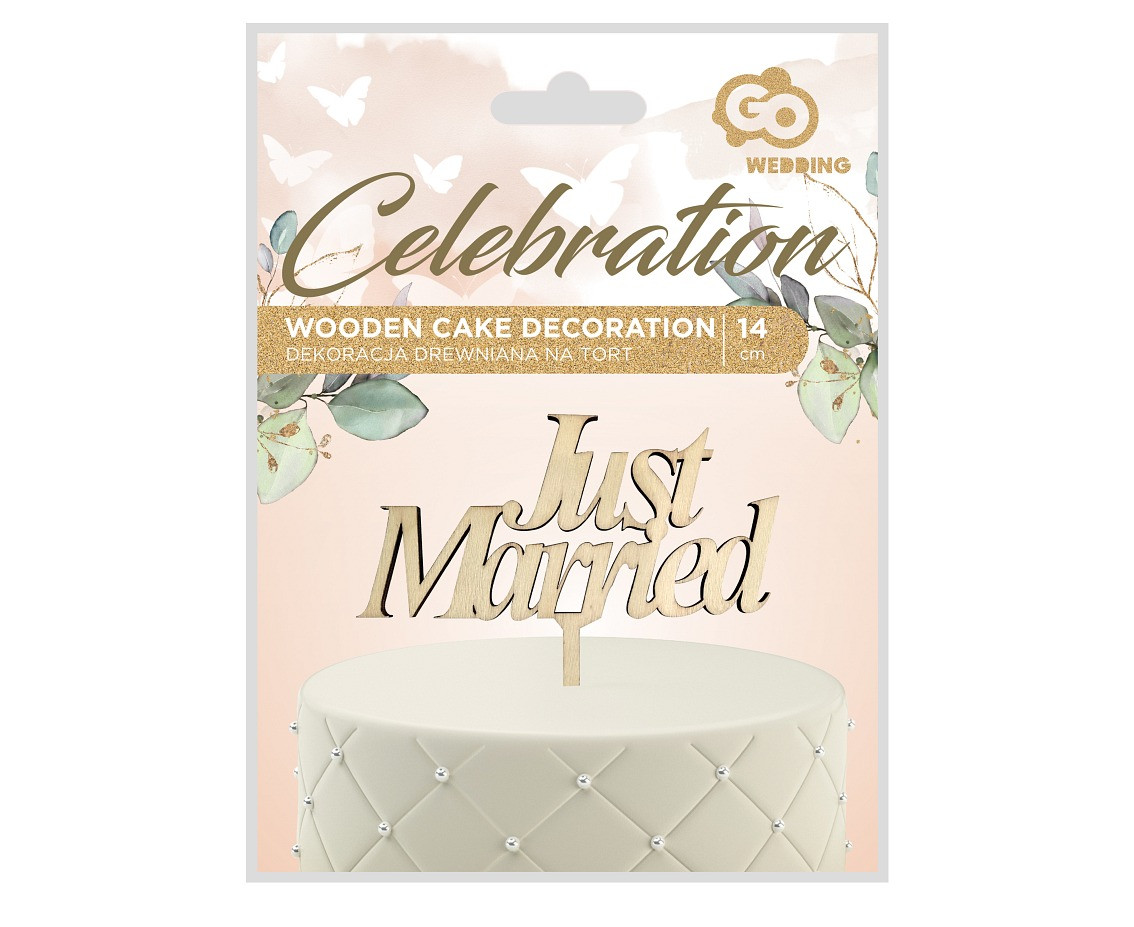 Wooden cake decoration Just Married, 13 x 14 cm EOL